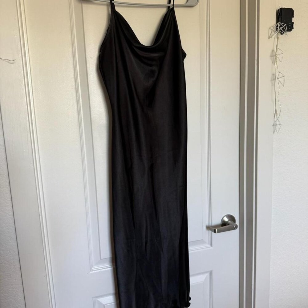 Bebe Black Satin Maxi Dress M Cowl Neck Slip Evening Formal Minimalist - Picture 2 of 6